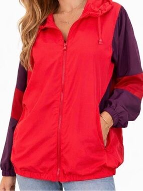 Victoria’s Secret PINK Colorblock Neon Red Hooded Rain Jacket Windbreaker XS/S